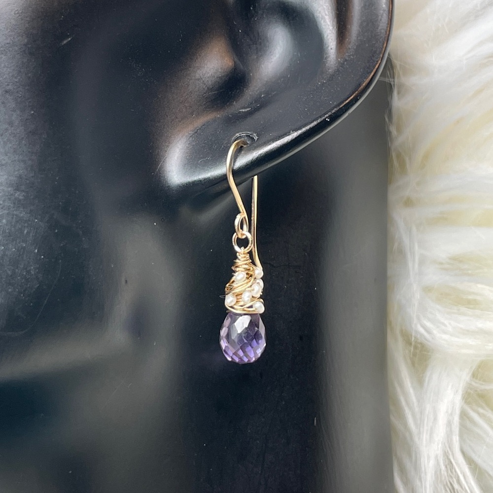 Alexandrite Crystals And Pearls Artisan Earrings 14K Gold Filled - Picture 11 of 16